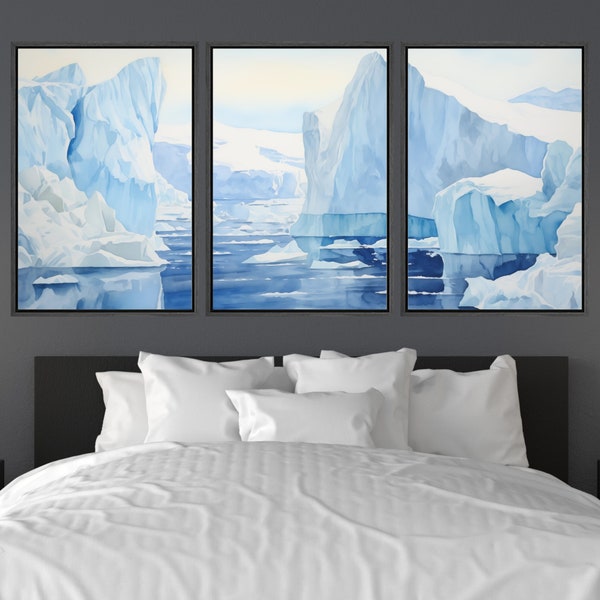 Framed Canvas Wall Art Glacier Ice Artic Ocean Wall Art WaterColor Canvas Large Panoramic Canvas Wall Art Prints Floating Frames Triptych