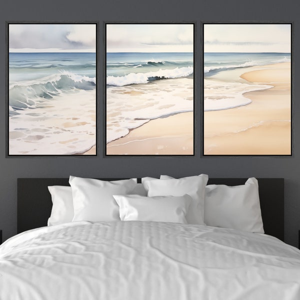 Framed Canvas Wall Art Ocean Beach Waves Coastal Wall Art WaterColor Canvas Large Panoramic Canvas Wall Art Prints Floating Frames Triptych