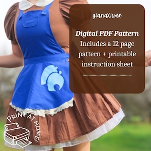 以下が含まれることがあります： 12ページのパターンと印刷可能な説明書を含むデジタルPDFパターン。パターンには、白いレースのトリムが付いた青いエプロンと、白いペチコートが付いた茶色のスカートが含まれています。エプロンには、前面に青と白のベル型のデザインがあります。「自宅で印刷！」というテキストは、プリンターアイコン付きの円の中にあります。