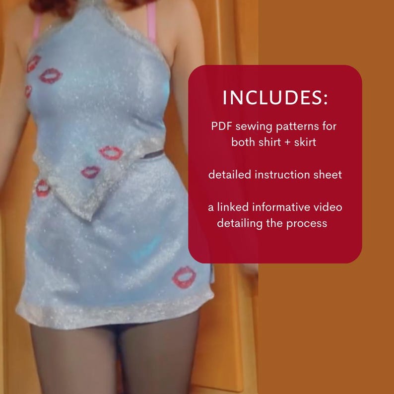 May include: A blue halter top and skirt with a red lip print. The listing includes PDF sewing patterns for both pieces, a detailed instruction sheet, and a linked video detailing the process.