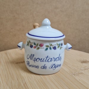 Vintage porcelain dijon mustard pod with lid and floral berry print, condiment jar from Revol la Porcelaine France