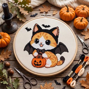 May include: A cross-stitch embroidery project in a wooden hoop featuring a ginger and white cat wearing a black bat costume with wings and a bow tie. The cat is holding a small orange jack-o'-lantern. Three black bats are stitched above the cat.