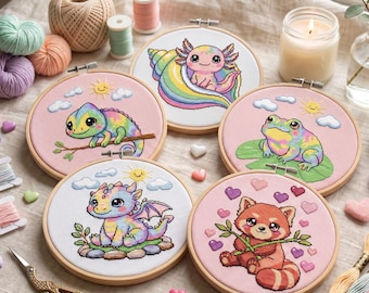 Kawaii animal cross stitch pattern set PDF, axolotl frog chameleon dragon red panda cute embroidery bundle for beginners instant download