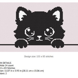 May include: Black and white cross-stitch pattern of a cat's face with large eyes and paws. The design size is 155 x 83 stitches, with dimensions of 11.07 inches x 5.93 inches. The pattern uses 2 DMC colors.