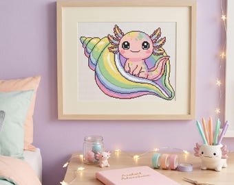 Cute axolotl gift cross stitch pattern PDF, rainbow kawaii axolotl shell embroidery design, pastel axolotl reptile decor instant download