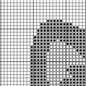 May include: A black and white cross-stitch pattern featuring a stylized letter "G". The design is composed of small, square blocks, creating a pixelated effect. The letter is centered and takes up a significant portion of the image.