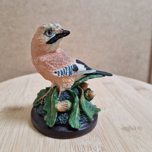 Jay vintagefiguren Country Bird-kollektionen av Andy Pearce, fågel på ekollonblad, handmålad samlarstatyett från 2002