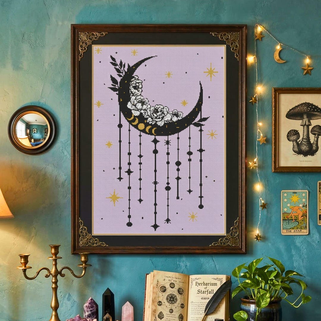 Whimsigoth Moon Stars Flowers Cross Stitch Pattern PDF, Witchy Gothic ...