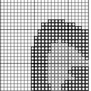 May include: A pixelated image of the letter "A" in black and gray, set against a grid background. The letter is formed by a series of small, dark squares, creating a blocky, digital aesthetic. The grid provides a structured backdrop.