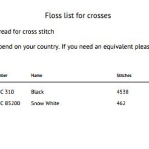 May include: A black and white floss list for cross stitch, with the text "Floss list for crosses". The list includes DMC 310 Black and DMC B5200 Snow White, with the number of stitches for each color.