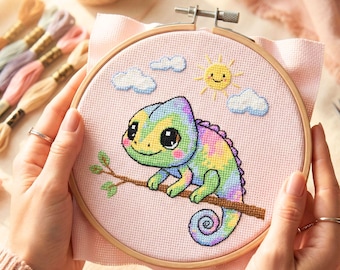 Bright chameleon cross stitch pattern PDF, animal modern embroidery, funny chameleon in cartoon style chart instant download