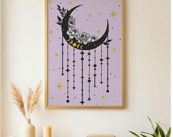 Whimsigoth Moon Stars Flowers Cross Stitch Pattern (PDF Download)