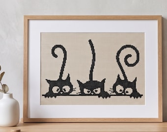 Minimalist Black Cats Cross Stitch Pattern PDF, Modern Scandinavian Monochrome Embroidery Chat, Counted Cross Stitch Design instant download