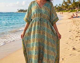 Recycled Sari Kaftan Maxi Dress, Boho Loungewear, Artificial Silk Resort Wear