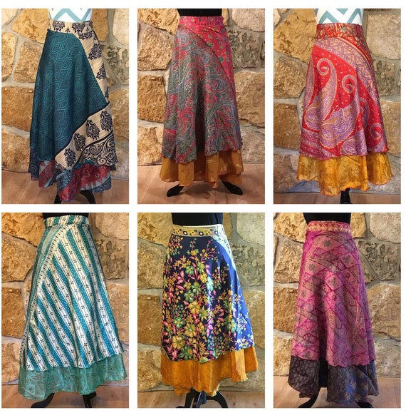 Indian Silk Long Wrap Skirts, Maxi Skirt, Bohemian Skirts, Hippie Skirts, Silk Sari Skirts GiBoho