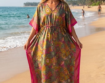 Recycled Sari Kaftan Maxi Dress, Boho Loungewear, Artificial Silk Resort Wear