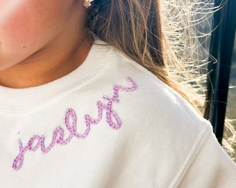 Collar Name Sweatshirt, Hand-Embroidered Crewneck, Hand Stitched Kid's Shirt, Personalized Name Sweatshirt, Hand-Embroidered Name Sweatshirt