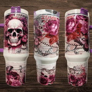 Gothic Skull Tumbler: Purple Roses & Butterflies, 40oz Quencher Cup