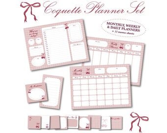 Cute A4 Printable Planner Template | Daily, Weekly, Monthly Planner | Coquette Aesthetic | Lana Del Rey | Cherry Bow Theme | Memo Sheets