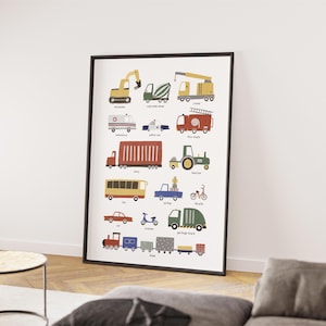 Póster educativo imprimible de vehículos extravagantes para niños: decoración de pared para habitación infantil, tamaño A2, A3 y A4