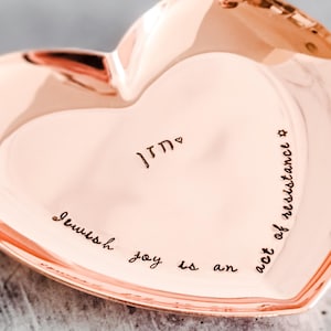 Jewish Joy Is an Act of Resistance Ring Dish, Personalized Hebrew Gift for Hazzan, Custom Name Motivational Hand stamped Heart Trinket Tray