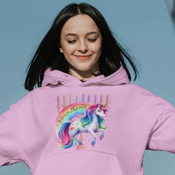 Felpa con cappuccio unisex con unicorno arcobaleno Believe in
