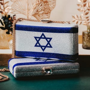 Bolso de mano con bandera de Israel y diamantes de imitación / Bolso de noche con orgullo judío / Bolso de mano con donación de Israel para ella / Bolso de cristal con bandera de Israel para mamá