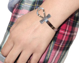 Ankh Cross Bracelet | Egyptian Key of Life Jewelry | Stainless Steel Open Cuff Bangle | For men & women | Unisex | Silver or Gold colour.