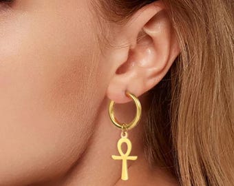 Ankh Cross Earrings | Egyptian Symbol of Eternal Life Jewelry | Stainless Steel Drop Earrings | Protection & Luck Amulet | Lightweight 4.6g.