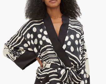 Black and Ecru Printed Sash Kimono Robe.  Pure silk Twill