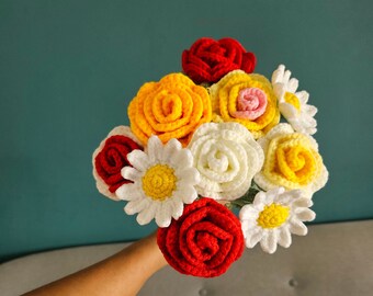 Bouquet de fleur, bouquet de roses, marguerites, idée cadeau femme, cadeau anniversaire, cadeau de fêtes des mères, fait main au crochet.