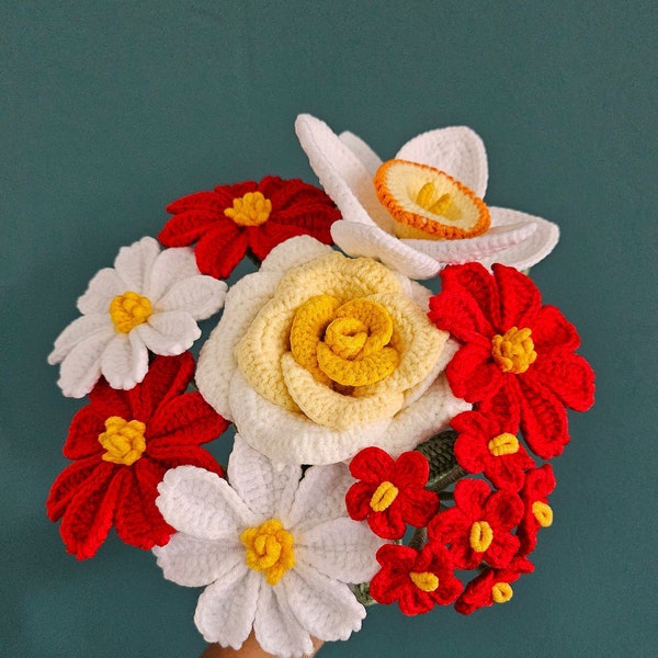 Bouquet de fleurs, à 8 fleurs, fait main au crochet, déco intérieure, cadeau anniversaire, cadeau fête des mères, rose, jonquille, cosmos