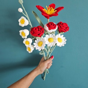Bouquet de fleurs éternelles, fait main au crochet, décoration de table, idée cadeau, fêtes des mères, rose, tulipe, marguerite, muguet Bouquet rouge/blanc