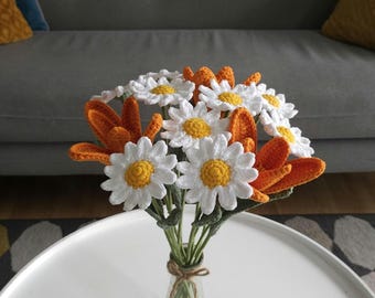 Bouquet de fleurs éternelles, à 12 fleurs, fait main au crochet. Tulipe, marguerites