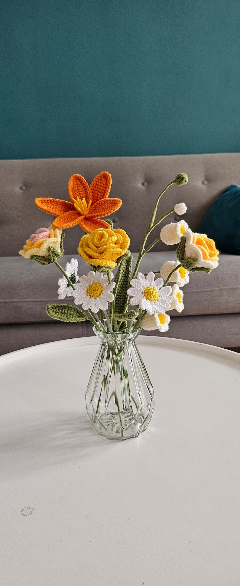 Bouquet de fleurs éternelles, fait main au crochet, décoration de table, idée cadeau, fêtes des mères, rose, tulipe, marguerite, muguet image 1