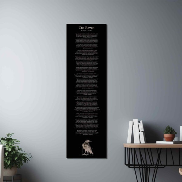 Edgar Allan Poe, The Raven Canvas Wall Art - Cadeaus voor boekenliefhebbers, cadeaus voor poëzieliefhebbers, smalle muurkunst