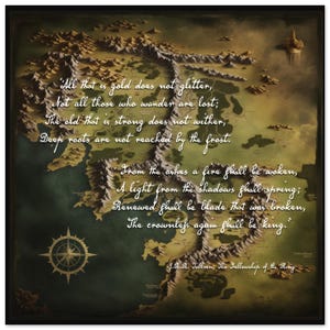 Poster Le Seigneur des anneaux Citation de carte de la Terre du Milieu - Art mural citation de Tolkien pour les amateurs de LOTR