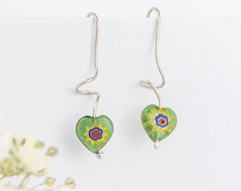Orecchini in vetro Millefiori verde fatti a mano, orecchini in argento sterling massiccio 925, orecchini di Murano, gioielli in vetro