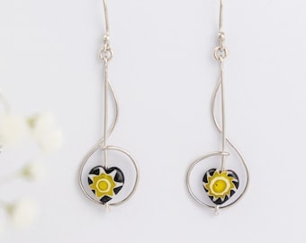 Orecchini in vetro Millefiori fatti a mano con fiore giallo, orecchini in argento sterling massiccio 925, orecchini di Murano, gioielli in vetro