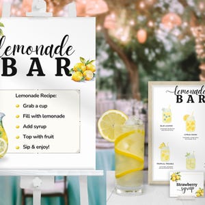 May include: A white easel displays a "Lemonade BAR" sign with a recipe and lemon illustrations. A framed sign shows lemonade drink recipes. A glass of lemonade with a lemon slice and strawberries are also visible.