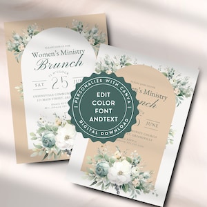Program Służby Kobiet | Szablon Zaproszenia Służby Kobiet | Brunch High Tea Edytowalne Wydarzenie Dla Pań | Sage Florals Akwarela Zieleń