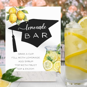 Limonade Bar Schild Abschlussfeier, bearbeitbares druckbares Getränkestationsdekor, DIY-Menüanleitung, Etikett für Zutaten, benutzerdefiniertes Lemon-Ade-Schild