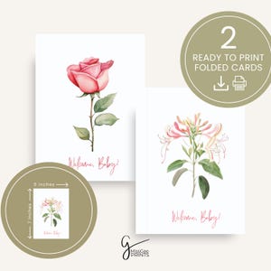 Tarjeta de bienvenida para bebés imprimible para nuevos padres, tarjeta de bienvenida, flor del mes de nacimiento de junio, regalo de madreselva rosa acuarela para recién nacidos.