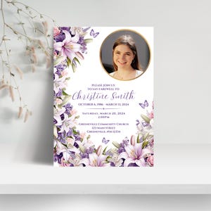 Invitation célébration de la vie, carte d'invitation aux funérailles, faire-part pour les funérailles, modèle d'invitation pour un service commémoratif floral papillon violet