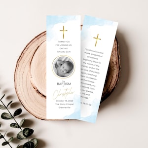 Baby Blue Baptism Favors, Custom Editable Personalized Printable Christening Bookmark, Gold Cross Watercolor First Communion Bookmarks