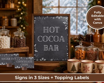 Kit per angolo cioccolata calda, decorazioni lavagna per feste natalizie, kit per stazione cioccolata calda per feste, modello Canva stampabile per decorazioni invernali