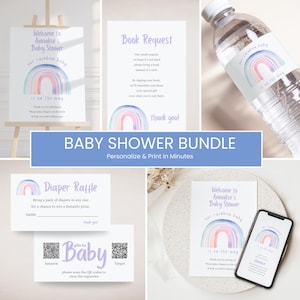 Bundle d'invitations pour baby shower, thème arc-en-ciel, panneau de bienvenue modifiable petit rayon de soleil, carte d'insertion de demande de livre de décoration de fête rose pastel