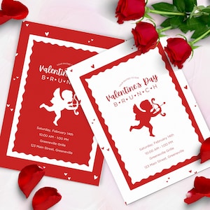 Invitación editable para fiesta de San Valentín, invitación para noche de chicas, diseño personalizable de Cupido vintage, evento de celebración de Galentine's en rojo y blanco