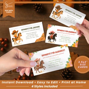 Contactgegevens voor kinderen Uitwisselingskaart, bewerkbaar om contact te houden voor speeldatums Westers thema, gamerkaarten voor meetups, afdrukbare cowboy cowgirl