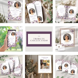Lot programme des funérailles, faire-part du souvenir d'un papillon aquarelle violet, suite florale célébration de la vie, ensemble en souvenir d'un être cher